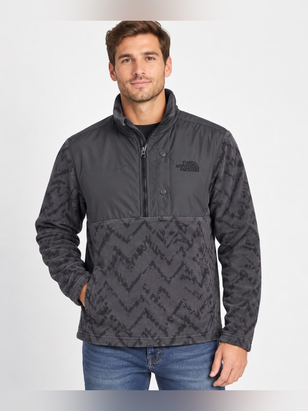 The North Face Men’s Small Fleece Pullover Gray Black Mountain Print 1/2 Zip